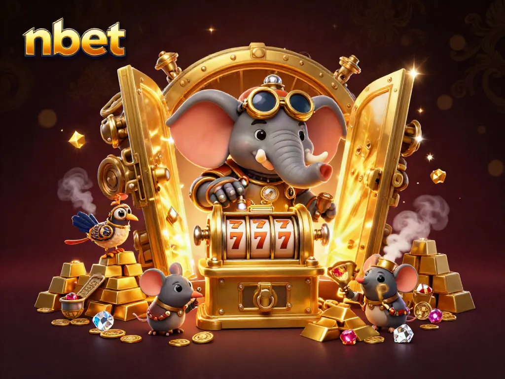 Experience thrilling wins with nbet at this vibrant casino featuring a steampunk elephant and rich gold elements.