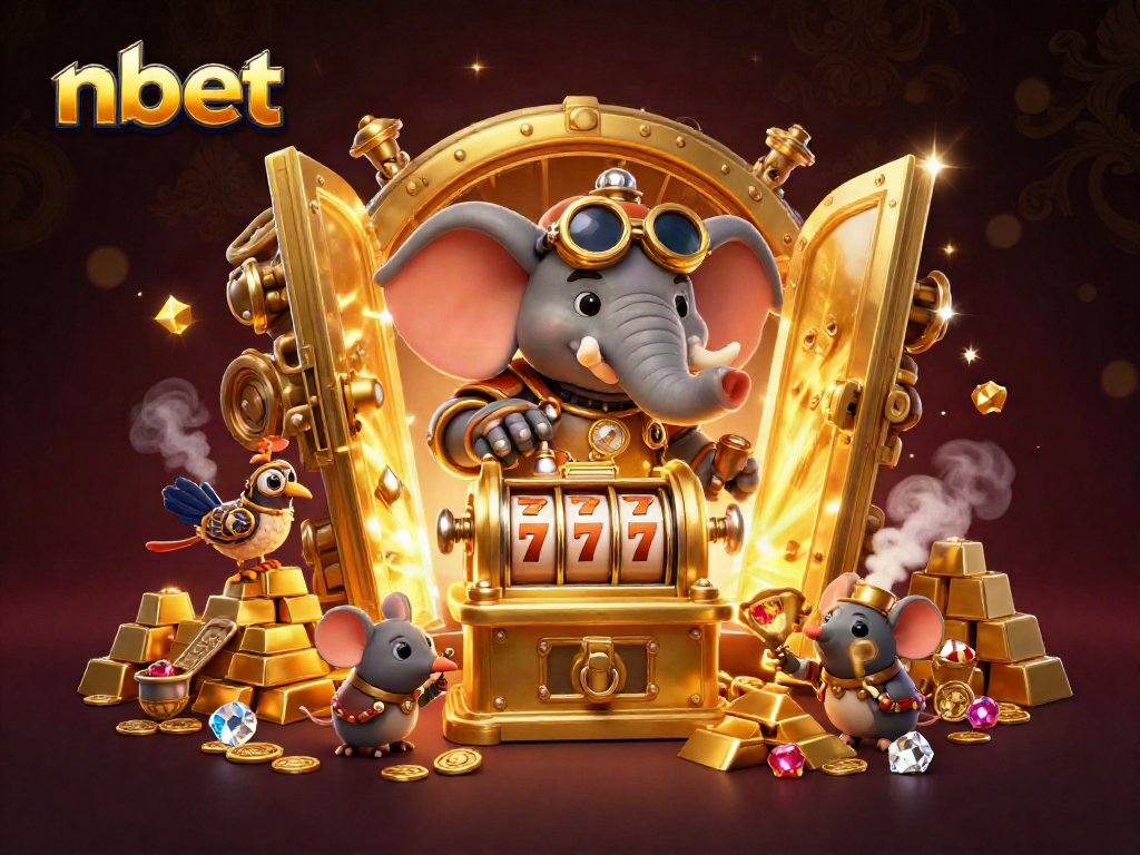 Experience thrilling wins with nbet at this vibrant casino featuring a steampunk elephant and rich gold elements.