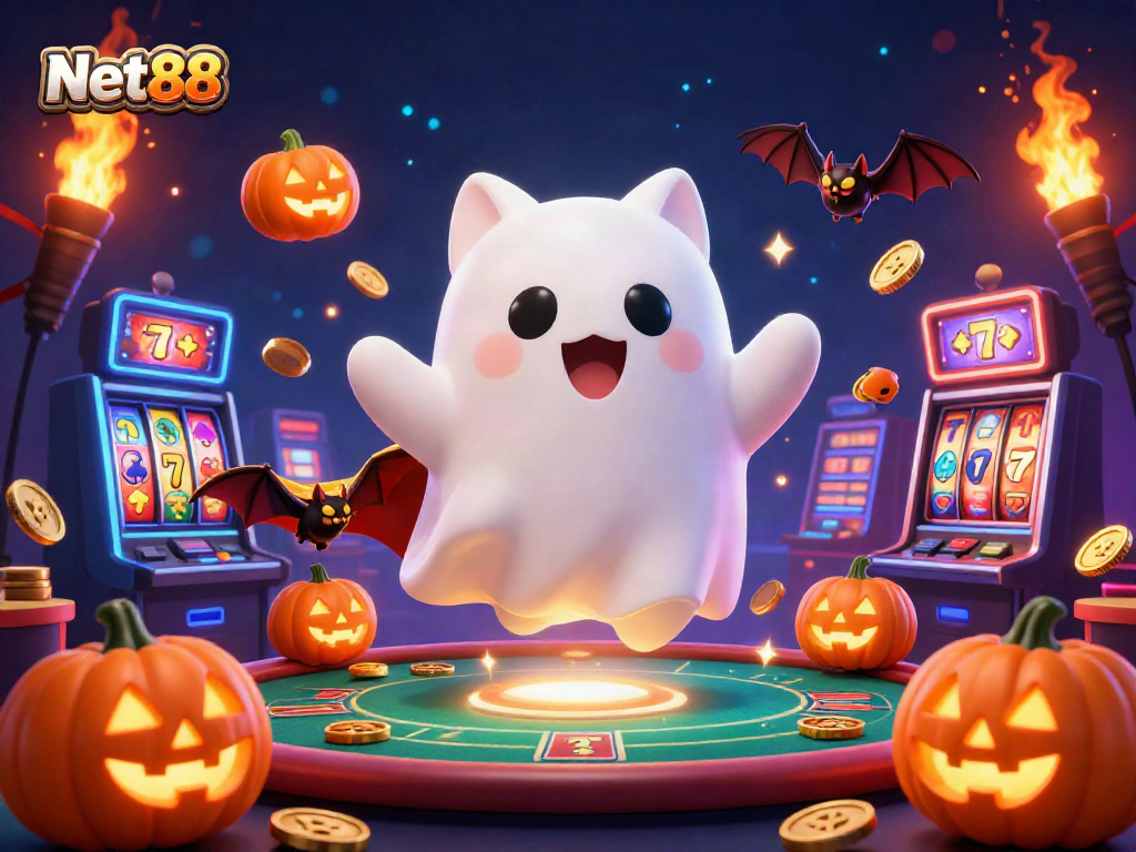 Experience winning at Net88 with a lively ghost cat and vampire bat amidst casino treasures.