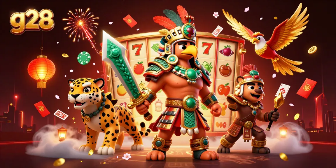 Engage with g28 features in this vibrant casino scene with Aztec warriors and slot reels.