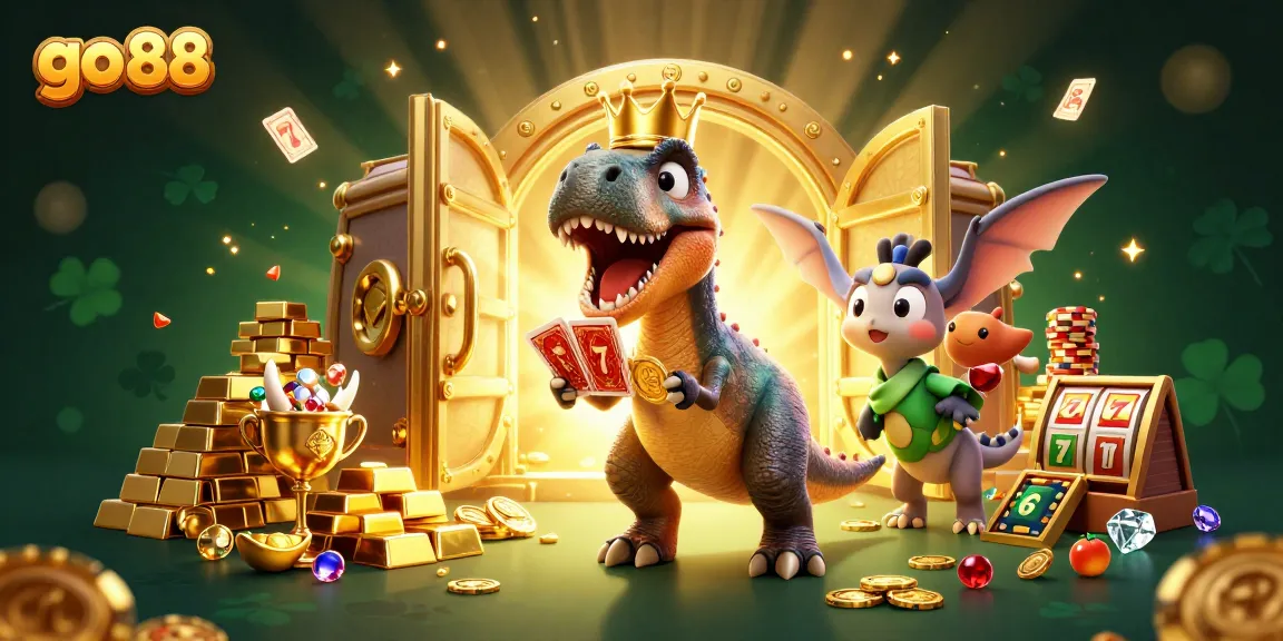 Engage in the lively action at go 88, featuring friendly dinosaurs playing cards and stacking gold chips.