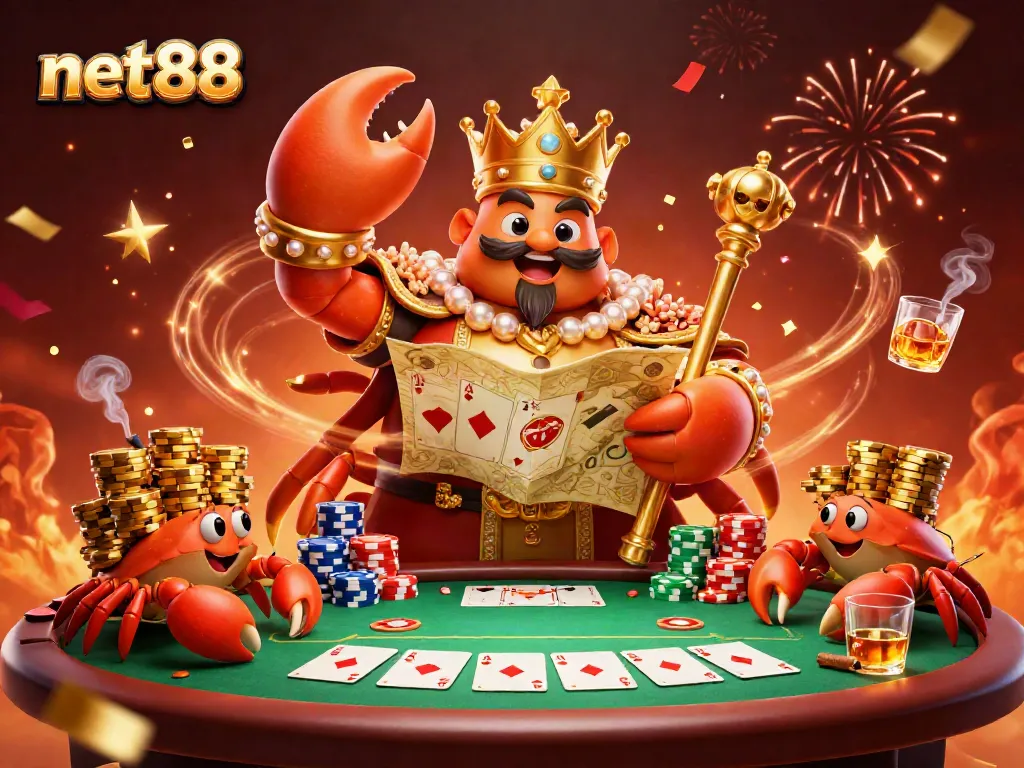 Experience the vibrant excitement of net88 with a golden crab emperor presiding over a lively poker game.
