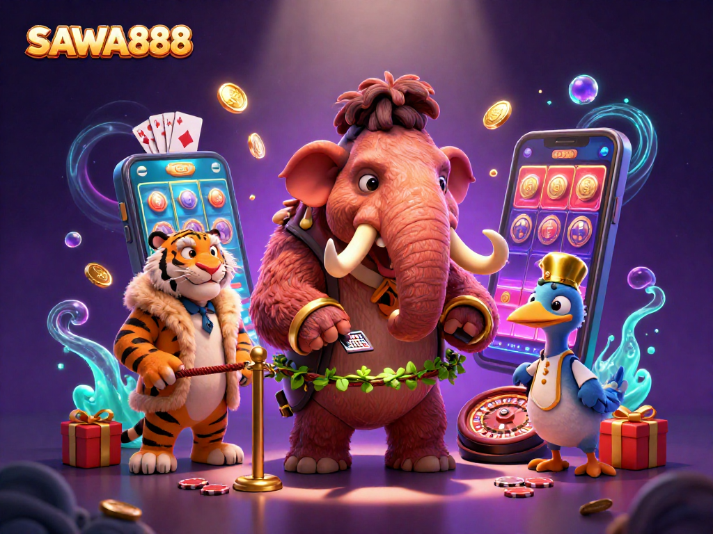 Experience the excitement at SAWA888 with a vibrant 3D casino scene featuring unique characters and slot game graphics.