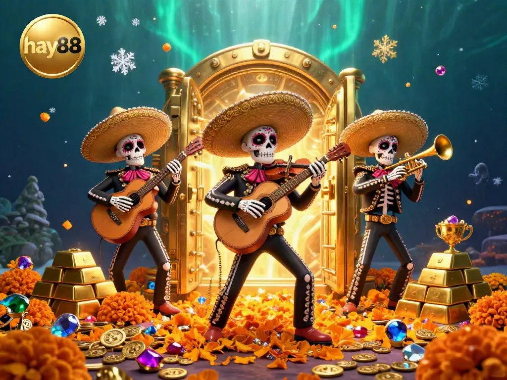 Experience the vibrant celebration of the hay88 casino with a mariachi band juxtaposed against golden treasures and sparkling gems.