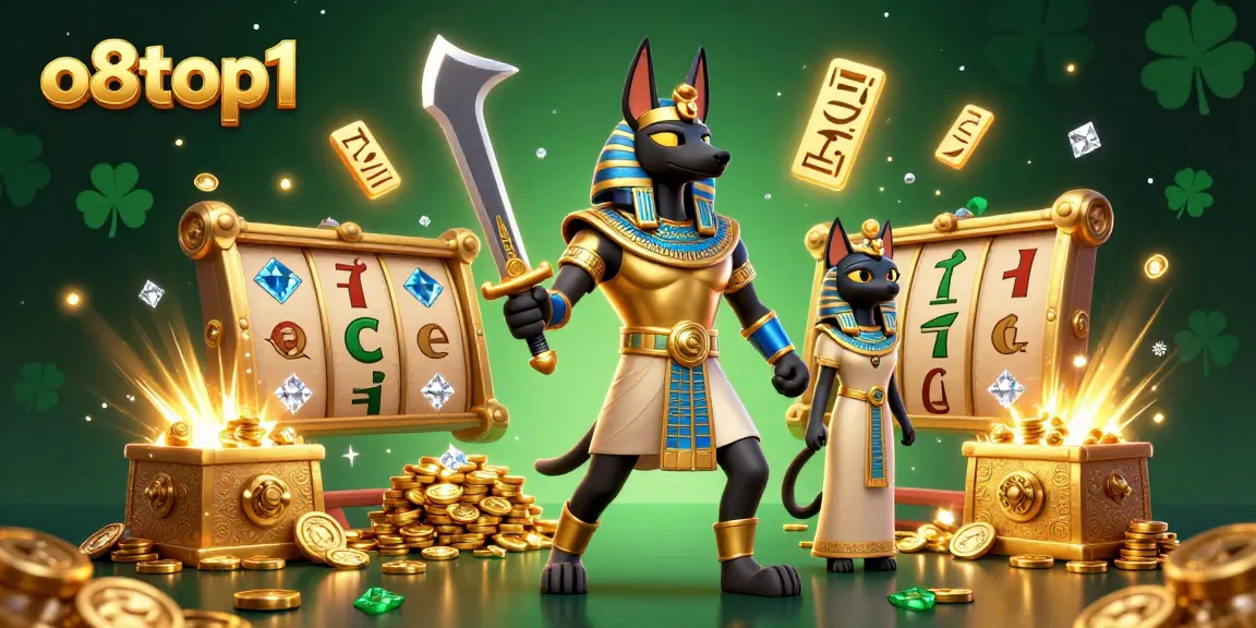 Engage with o8top1’s thrilling online gambling experience in an ultra-detailed 3D scene featuring Anubis and Bastet.