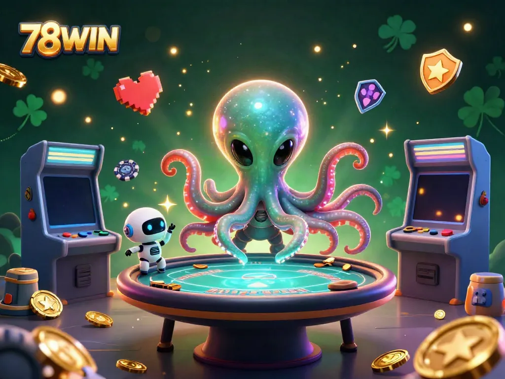Engage with the innovative world of 78WIN casino games featuring a lively alien octopus and robot at a poker table.