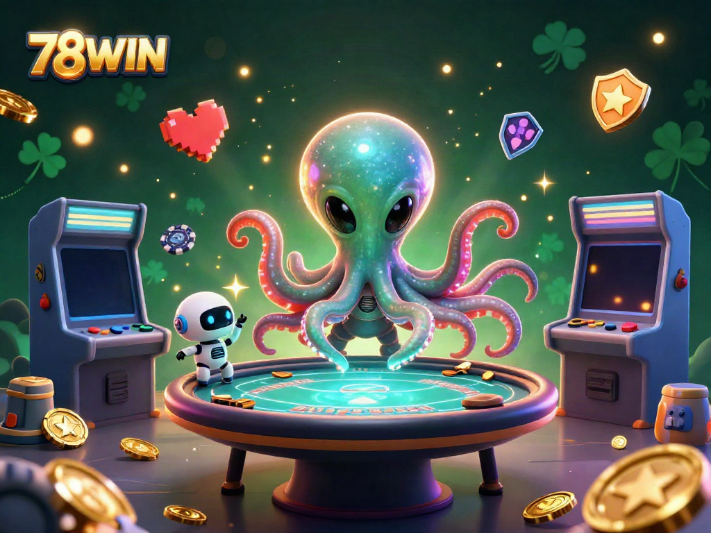 Engage with the innovative world of 78WIN casino games featuring a lively alien octopus and robot at a poker table.