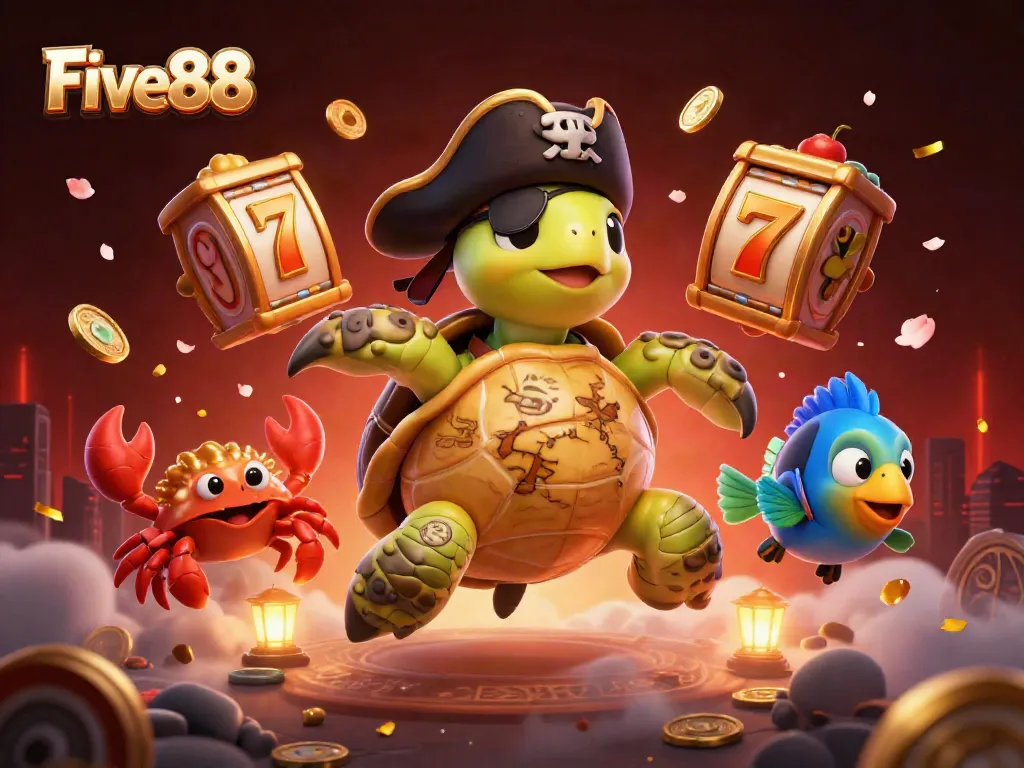 Exciting Five88 gaming experience featuring a pirate turtle and treasure amidst vibrant slot elements.