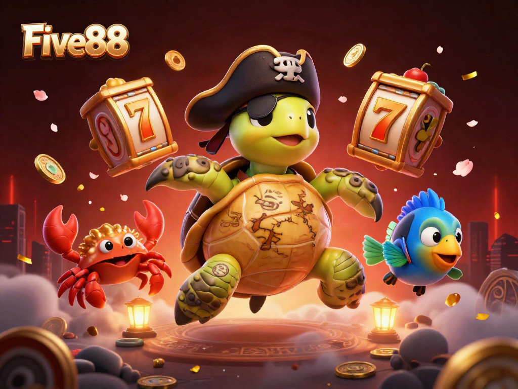 Exciting Five88 gaming experience featuring a pirate turtle and treasure amidst vibrant slot elements.