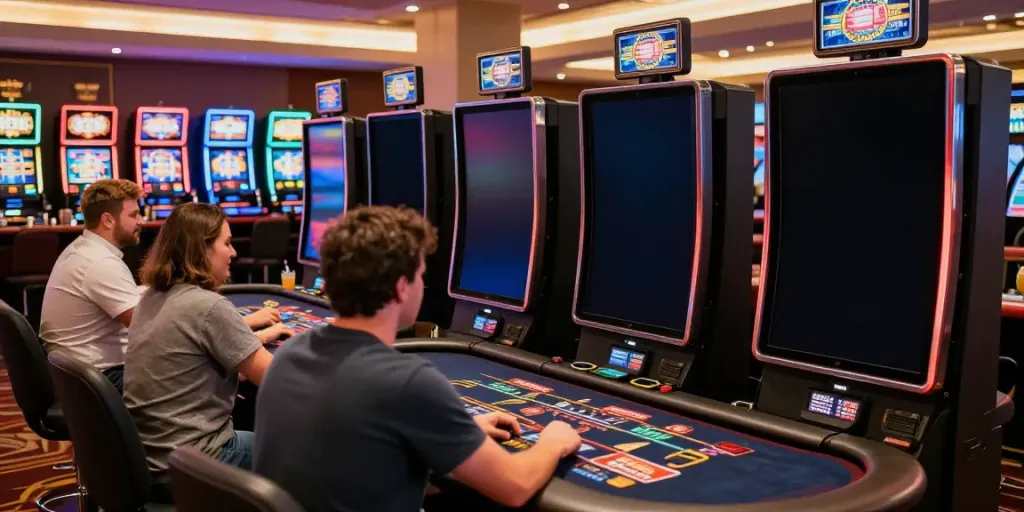 Vibrant scene at credit card casinos with players engaged at gaming tables and bright slot machines.