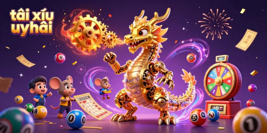 Engage in the exhilarating world of tài xỉu uy tín with vibrant lottery elements and a golden dragon.