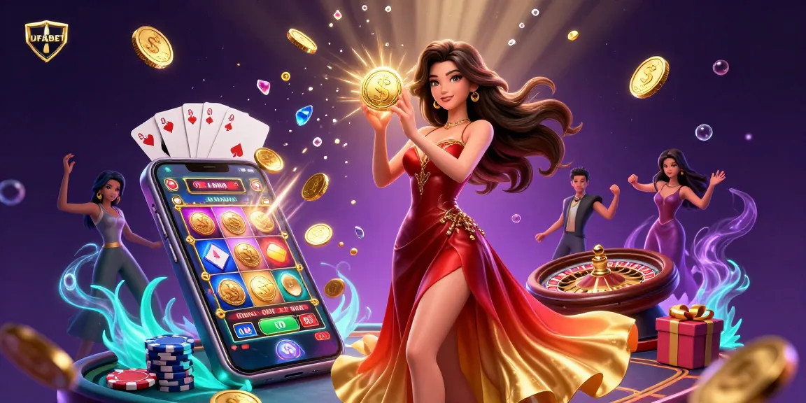 Play exciting games at UFABET, featuring a stunning illustration of a beautiful woman holding a giant coin amidst vibrant casino elements.