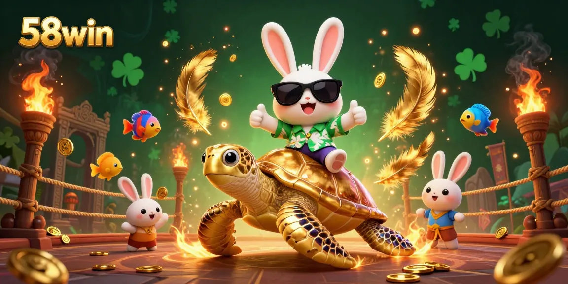 Engage with 58win's vibrant casino scene featuring a lucky rabbit and a golden turtle surrounded by playful elements
