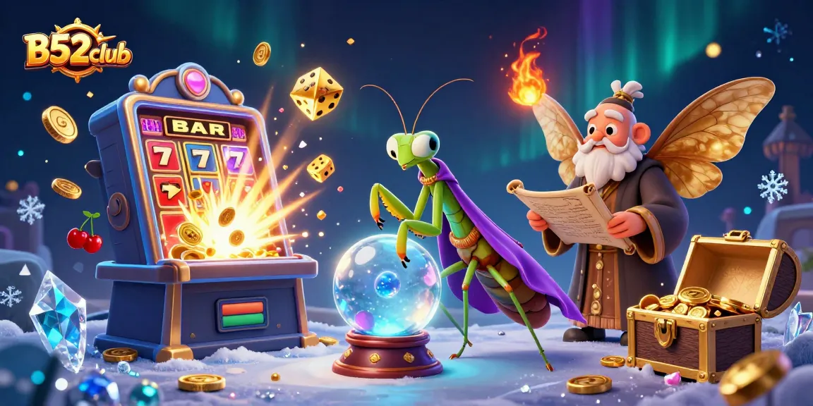 B52club players engage with vibrant slot games as fortune tellers peer into crystal balls.