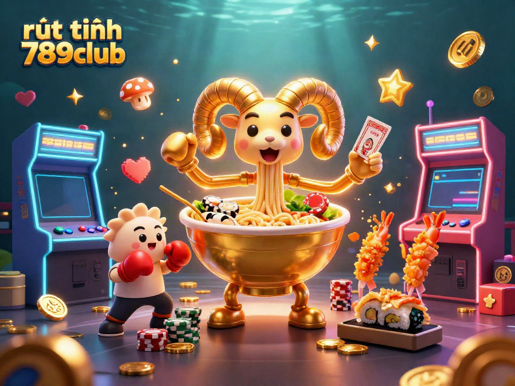 Engage with rút tiền 789club through dynamic scenes of a golden ramen bowl and lively culinary characters.