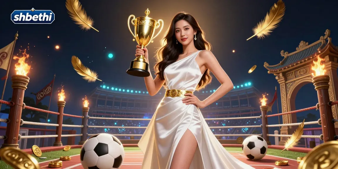 Experience the excitement of sports betting at shbethi with a victorious Asian woman holding a trophy amidst dynamic casino elements.