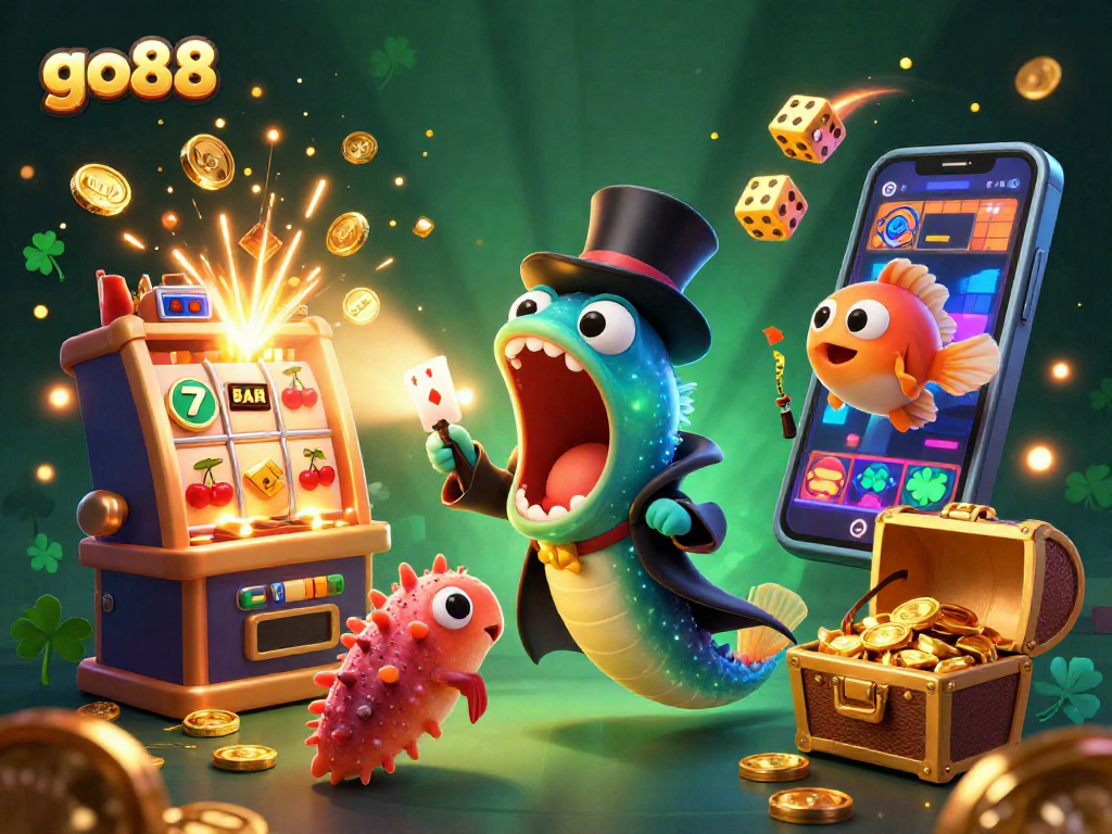 Experience go88 gaming magic with a vibrant 3D illustration of a playful underwater casino scene.