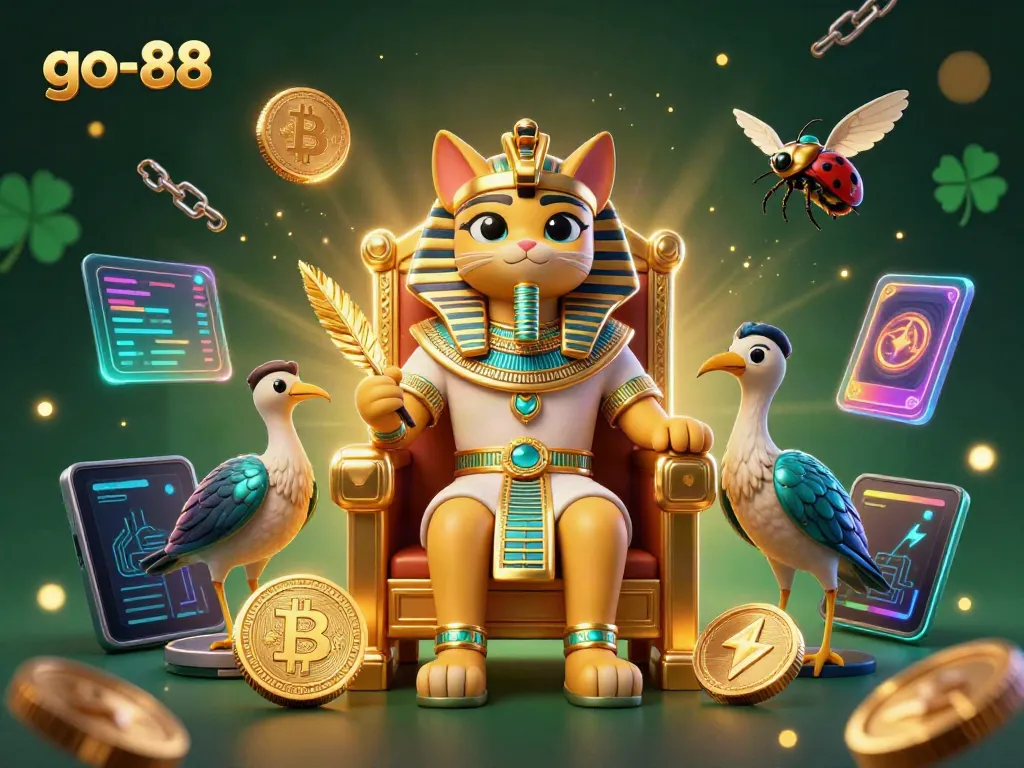 Win big at go-88 with a cartoon pharaoh cat in a vibrant casino scene filled with crypto coins.