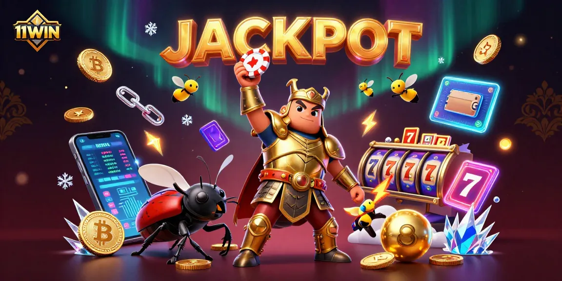 11WIN players celebrate a jackpot win with animated characters in a vibrant casino scene.