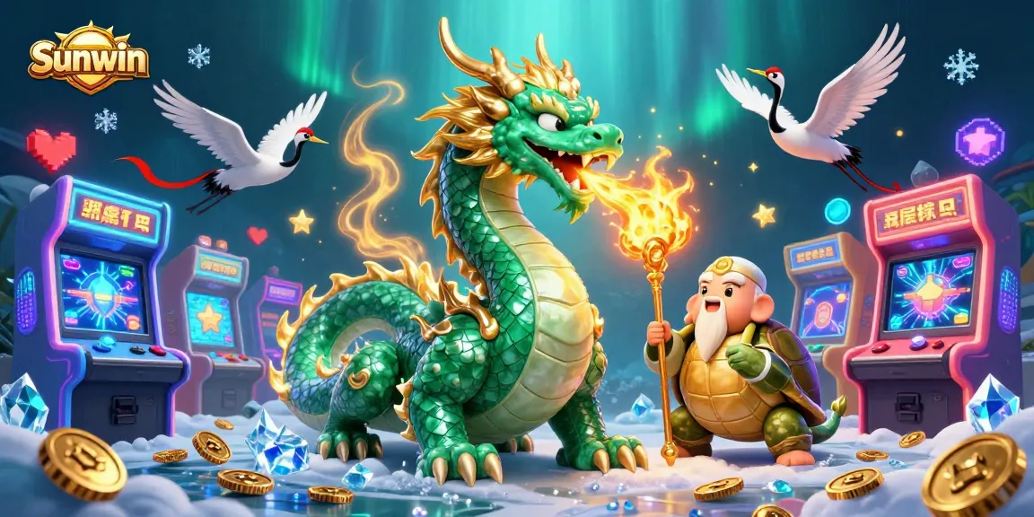 Experience exciting wins at Sunwin with a dynamic casino scene featuring dragons, sages, and vibrant gaming elements.