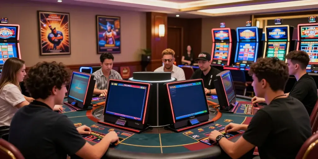 Engaged players at casinos that accept credit card, enjoying various games in a vibrant casino environment.