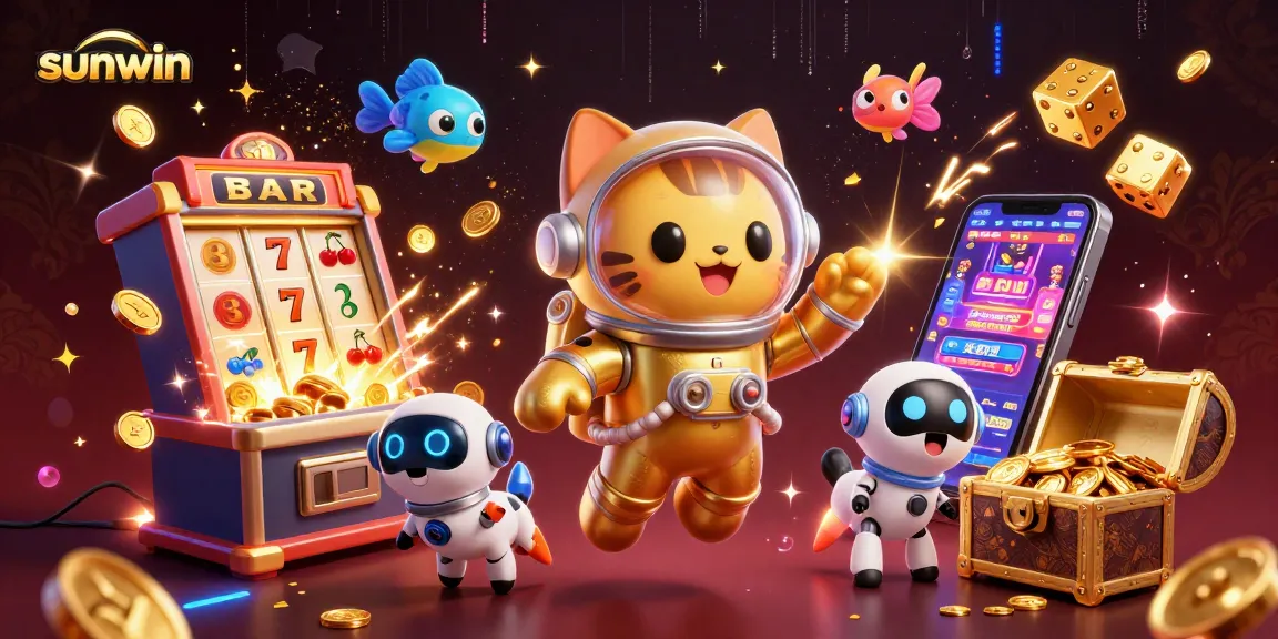 Engage with sunwin's interactive jackpot display featuring vibrant slots, a cosmic cat, and thrilling games.