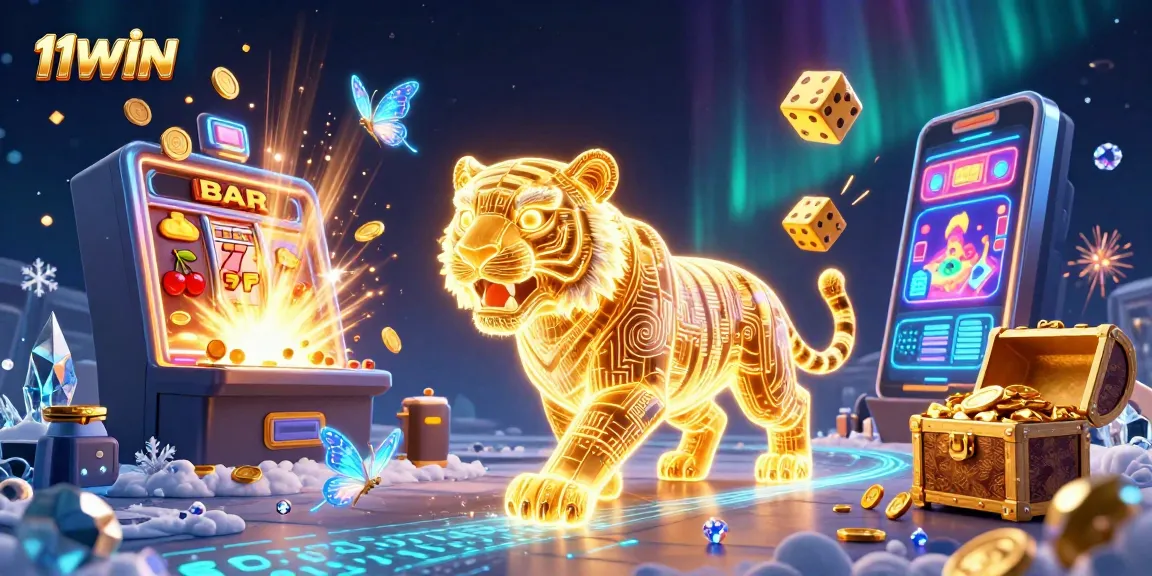 Experience the excitement of 11WIN with a vibrant digital casino scene featuring a golden tiger and jackpot themes.