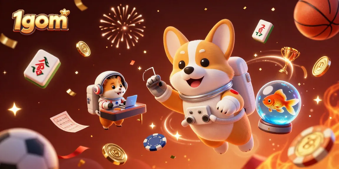 Engage in sports betting thrills at 1gom with a vibrant casino scene featuring cute characters.