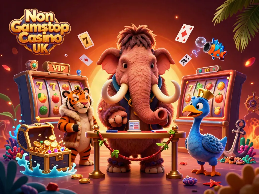 Experience the vibrant scene at a Non Gamstop Casino UK, featuring a mammoth bouncer and a saber-tooth VIP.