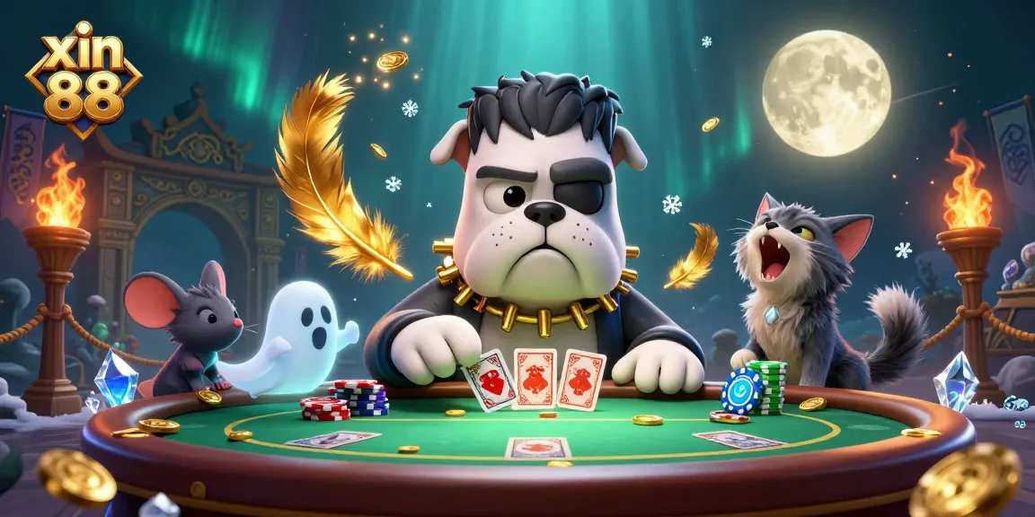 Engage in thrilling poker games with xin 88 at a neon-lit table, featuring whimsical characters.