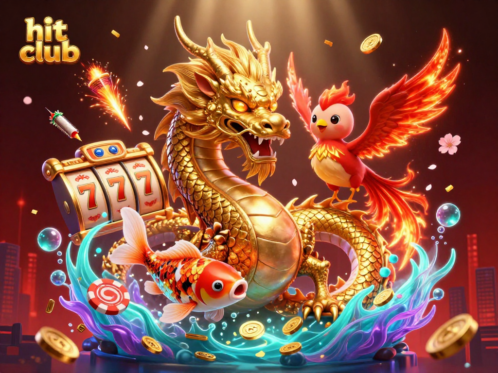 Engage with the hit club gaming experience featuring a mythical dragon and phoenix amidst a vibrant casino scene.