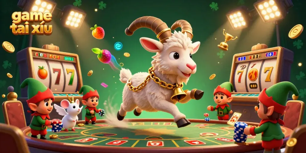 Engage in game tài xỉu at a festive casino with Krampus, an angel mouse, and mischievous elves in 3D.