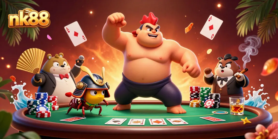 nk88 showcases a dynamic poker scene with cartoon characters engaging in gambling excitement