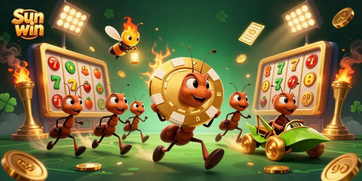 Engaging illustration of a heist team featuring Sun win, with ants and gambling elements like golden chips and slot reels.