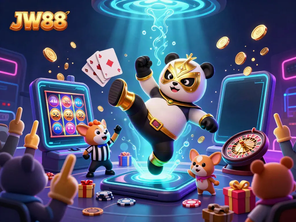Experience JW88 while enjoying a thrilling 3D casino scene with lively animal characters and colorful game elements.
