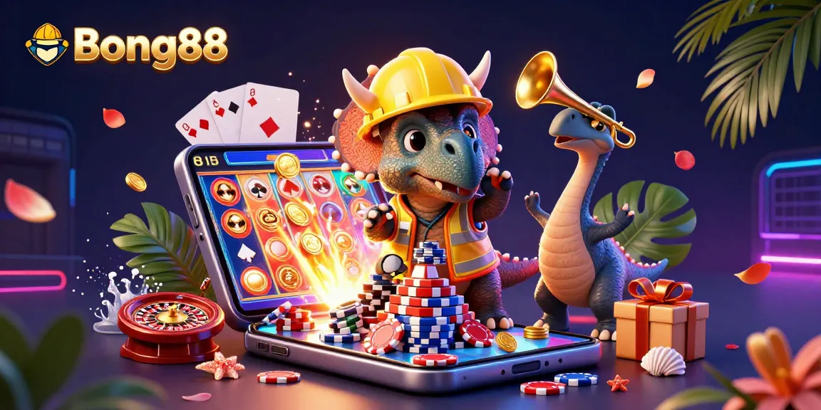 Bong88's vibrant casino adventure with cartoon dinosaurs, poker chips, and slot games creating a celebratory gambling scene.
