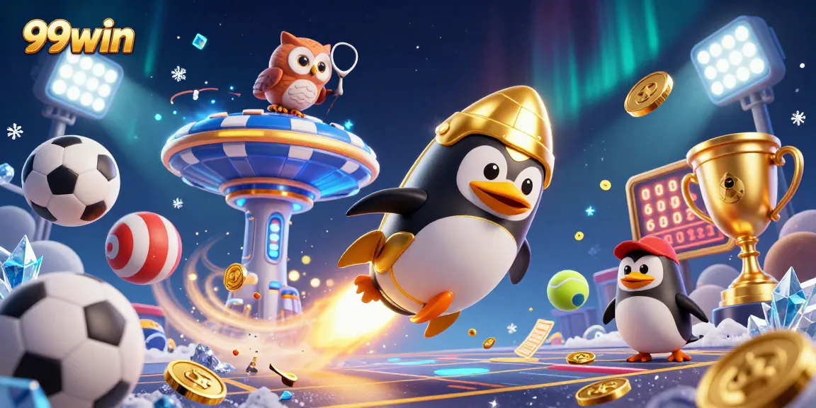 Experience the excitement of 99win with a vibrant 3D casino scene filled with sports betting elements.