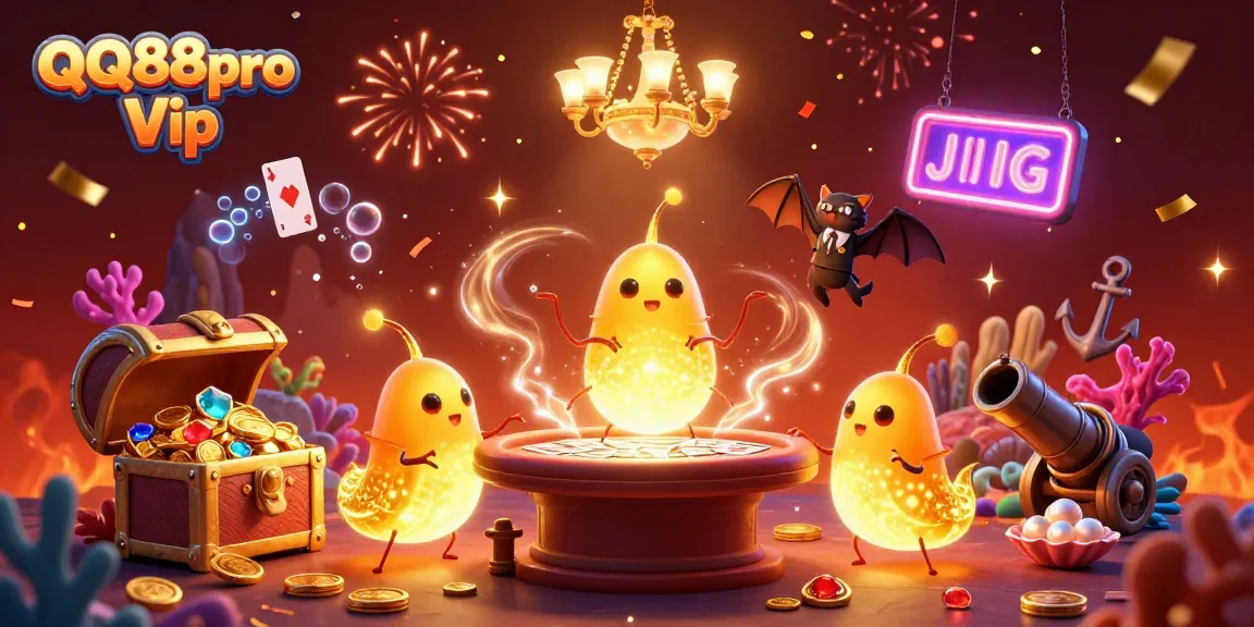 Experience the excitement of QQ88pro Vip with glowworms lighting a casino, gold coins, and festive elements.
