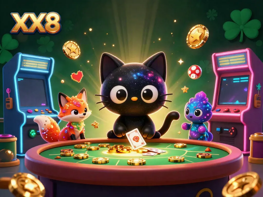 Experience the allure of winning at XX8 with a cosmic casino scene featuring a black hole cat and nebula fox.