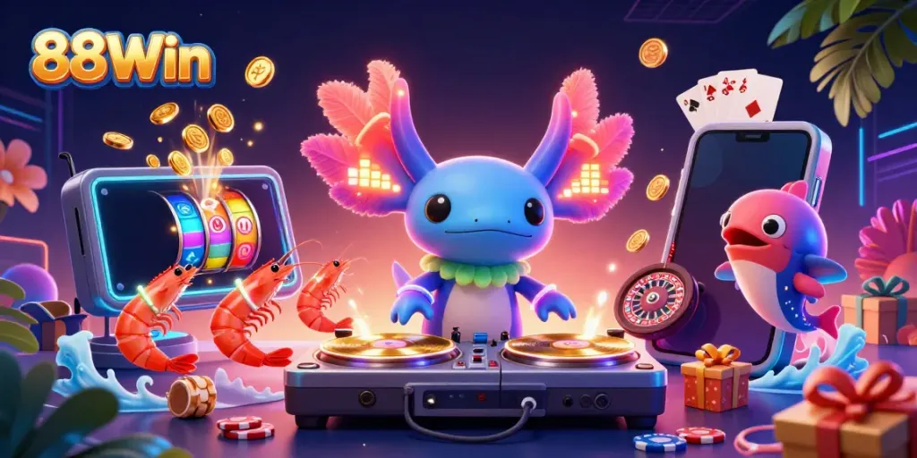Immerse in vibrant gaming action with 88Win featuring a neon axolotl DJ alongside dancing shrimp and a beatboxing blowfish.