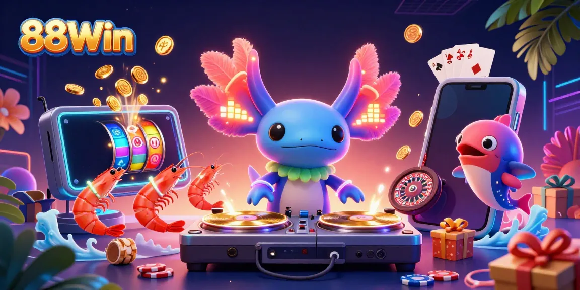 Immerse in vibrant gaming action with 88Win featuring a neon axolotl DJ alongside dancing shrimp and a beatboxing blowfish.