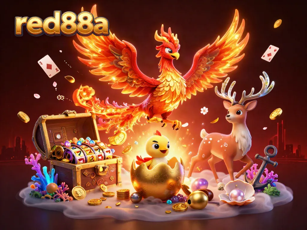 Spin the reels with red88a, featuring a phoenix, treasure, and vibrant casino elements.