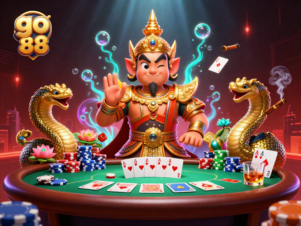 Engage with the dynamic go 88 casino atmosphere featuring vibrant poker elements and Thai guardians.