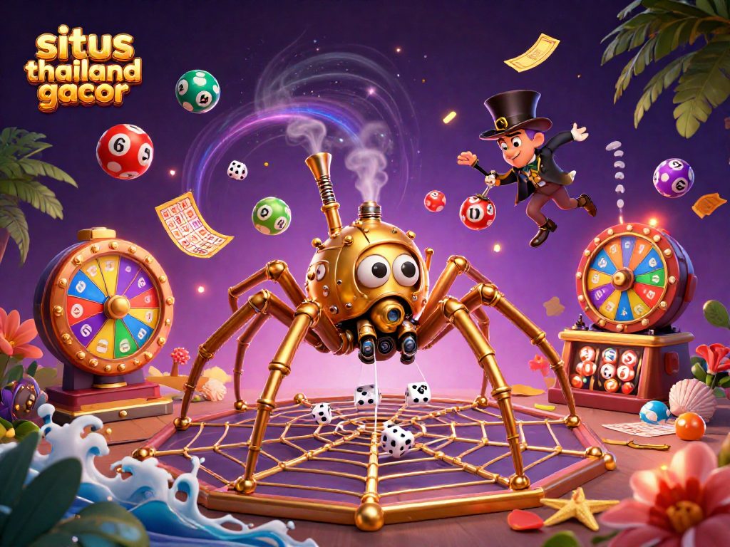 Engage with situs thailand gacor as a golden spider captures unlucky dice in a vibrant casino-themed illustration.