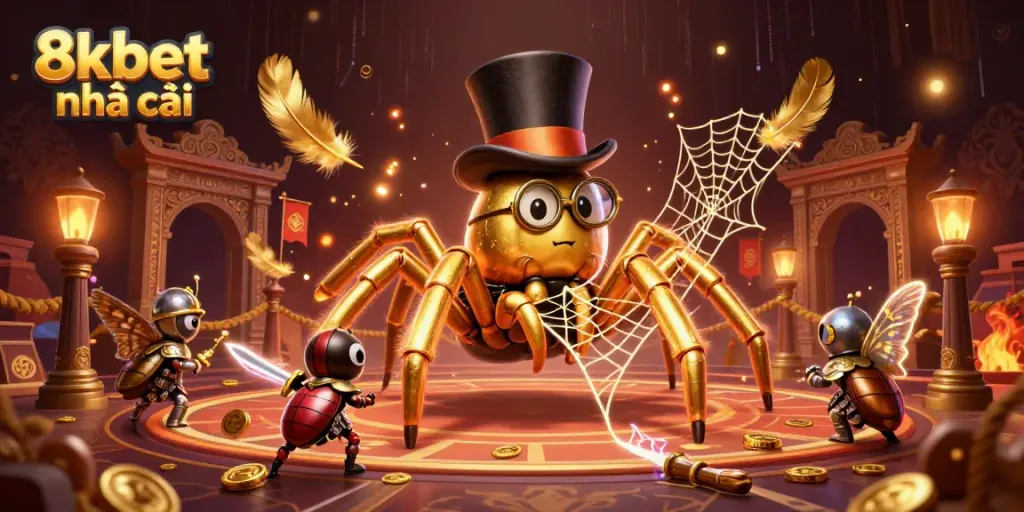 Join the thrilling scene at 8xbet nhà cái with a golden tarantula, valiant beetle knight, and immersive casino elements.