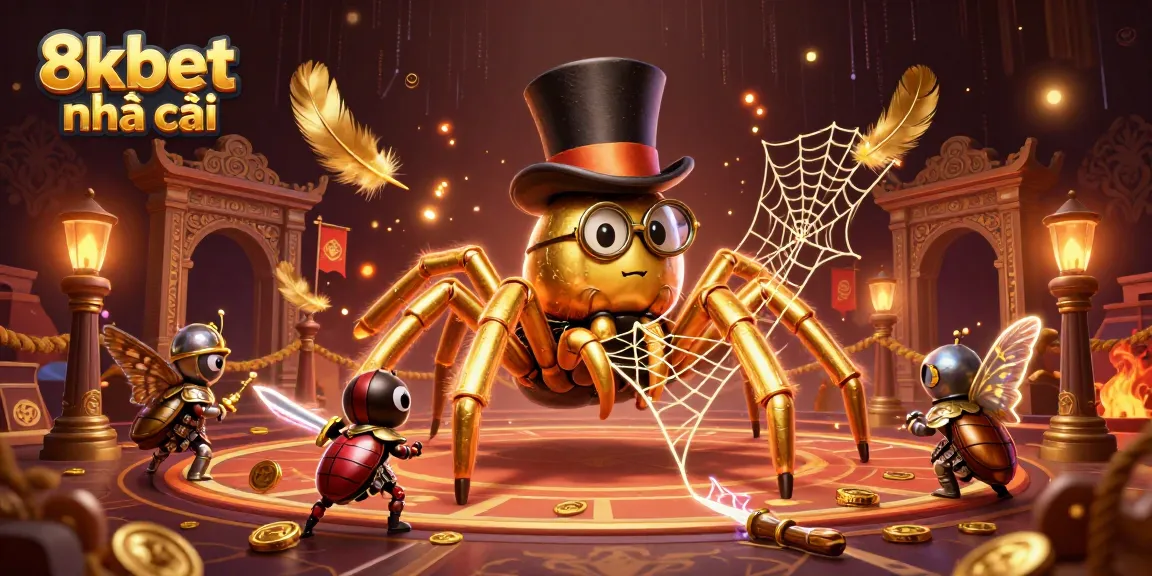 Join the thrilling scene at 8xbet nhà cái with a golden tarantula, valiant beetle knight, and immersive casino elements.