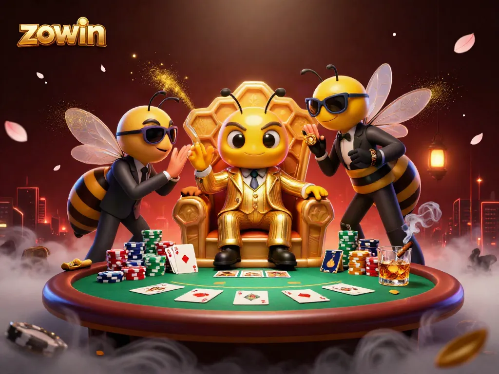 Zowin's immersive casino experience showcases the bumblebee mob boss alongside dynamic poker elements, enriching the gaming allure.