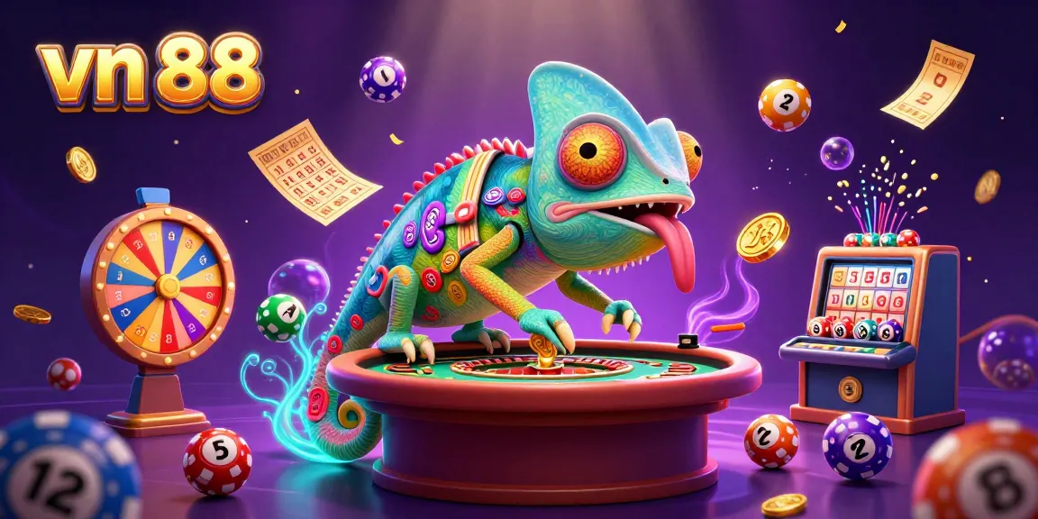 Join the excitement at vn 88 with a vibrant 3D scene of a chameleon casino owner and dynamic game elements.
