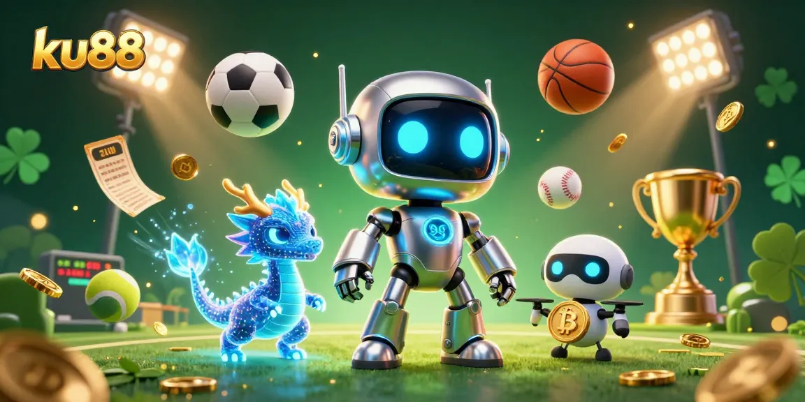 Experience the excitements of sports betting with ku88's vibrant 3D illustration featuring futuristic characters and dynamic elements.