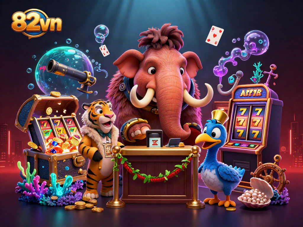 82vn showcases a vibrant casino scene with a woolly mammoth bouncer, saber-tooth guest, and rich gaming elements.